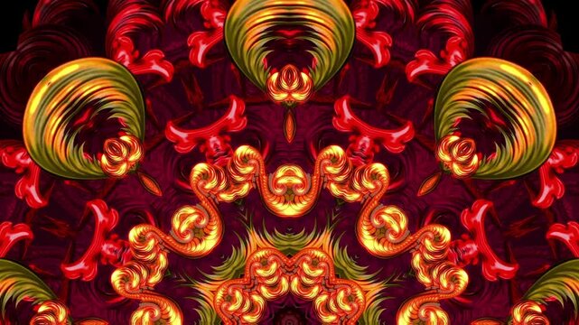Vibrant red and gold kaleidoscopic fractal pattern with intricate ornate details and symmetrical artistic floral design