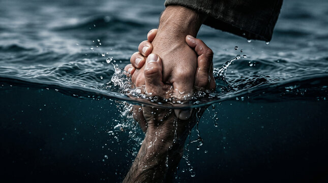 Jesus walking on the water of the Sea of Galilee during a storm, reaching out to save Peter who is sinking beneath the waves