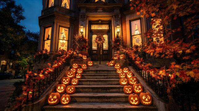 Spectacular happy halloween house exterior jack o' lanterns autumn decor and spooky evening ambiance