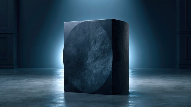Black marble block pedestal in dark spotlight room.