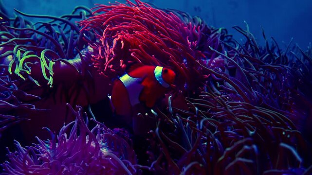 Clownfish swimming inside colorful vibrant sea anemone underwater in ocean reef environment during daylight