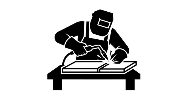 Silhouette of a welder working on metal pieces with a torch, creating bright sparks.