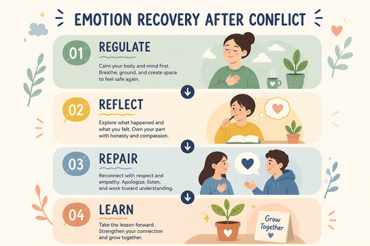 A four-step infographic illustrates the process of emotion recovery after conflict, featuring illustrations for each stage.