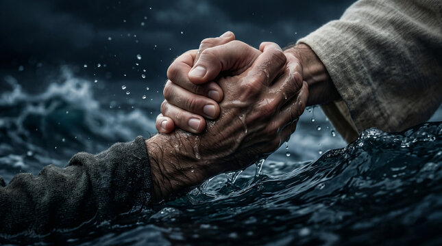 Jesus walking on the water of the Sea of Galilee during a storm, reaching out to save Peter who is sinking beneath the waves