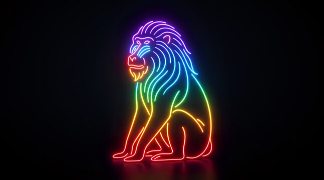 Neon glowing mandrill baboon profile illustration on dark background with mandrill