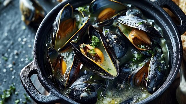 Steamed mussels simmered in white wine sauce in black pot cinematic macro panning shot for seafood restaurant marketing