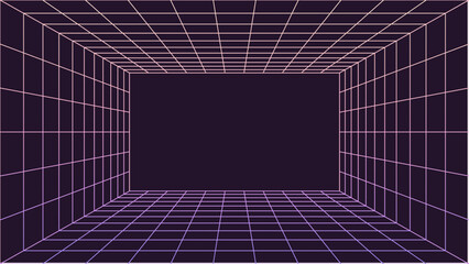 3D space hologram line box perspective background wireframe room grid with a transparent wireframe box at the center of a futuristic laboratory for a cyberpunk arena effect. This vertical. © Елена Сорокина