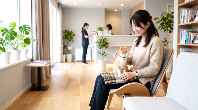 膝の猫を撫でる待合室の女性