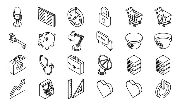 Premium isometric outline icons set 3D vector pictograms for UI UX business and technology eps10