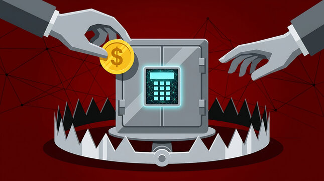 Safe box rests inside a metal bear trap while two human hands reach toward it with a gold coin.