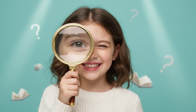 Smiling girl holding magnifying glass against teal backdrop with question mark icons, capturing child curiosity, stem education and playful discovery after school