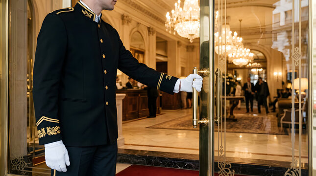 Hotel doorman opening glass doors to a luxury lobby entrance
