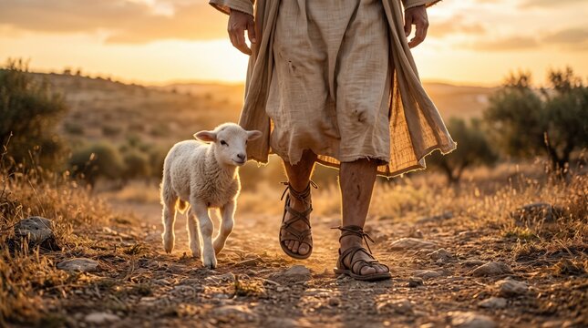 Jesus Christ as the good shepherd walking with a cute little lamb on a dirt road at sunset. Concept of biblical gospel story, spiritual devotion, savior care, and religious belief.
