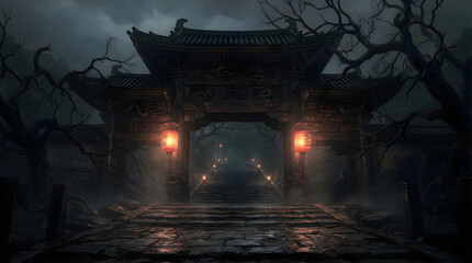 Fototapeta premium Spooky happy halloween ancient asian gate with lanterns a dark and mysterious halloween scene