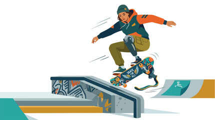 Fototapeta premium A young skater with a prosthetic leg performing a jump trick on a skateboard.