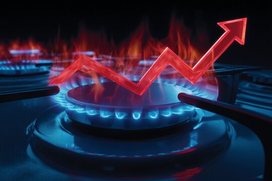 The hidden fees: behind the natural gas price climb. Professional photo. Gas price rise visualized: tilted arrow and blue flame project inflation. Print ready. Studio shot.