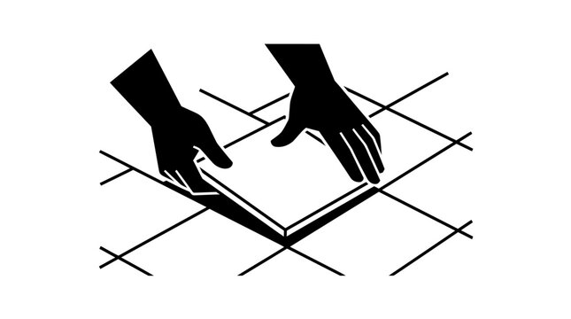 Graphic illustration of two hands carefully placing a square tile onto a grid pattern, symbolizing tiling work or installation.