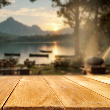 Lake camping with mountain view and copy space &ndash; outdoor summer adventure concept