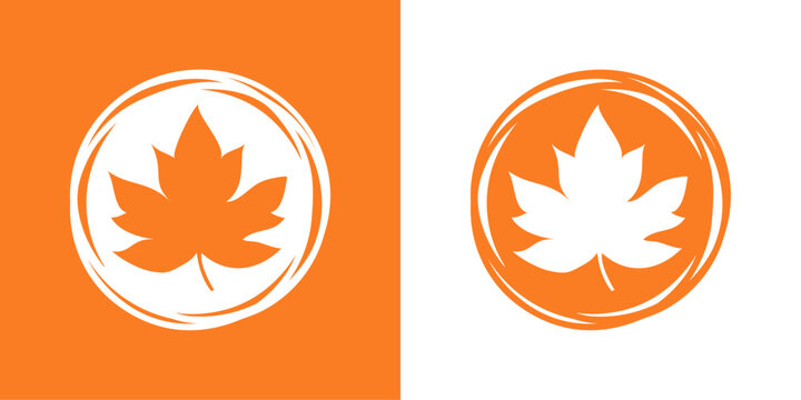 Logo s&iacute;mbolo oto&ntilde;al. Dibujo sencillo de la silueta de una hoja de &aacute;rbol en un c&iacute;rculo con l&iacute;neas en el borde, en naranja y blanco 
