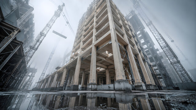 Mass Timber High-Rise Building Under Construction with Glulam Structure and Tower Cranes