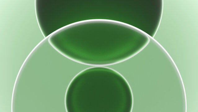 Abstract 3D render of layered glossy green glass spheres and semi-transparent circles with subtle glowing edges. Minimalist futuristic graphic background