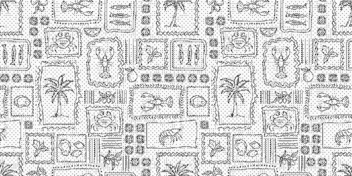 Seamless pattern with hand drawn tropical beach elements including palm trees, fish, and decorative frames