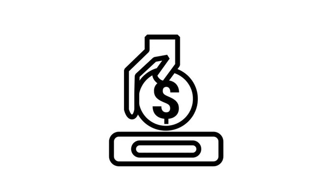 Cash Deposit Transaction Icon. Animated icon illustrating a human hand depositing a dollar coin into a secure bank slot or machine.