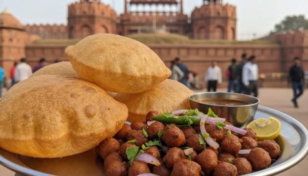 Indian street food chole bhature features deep fried flatbreads and chickpea curry with onion garnish and lime slice set against Red Fort Delhi India background