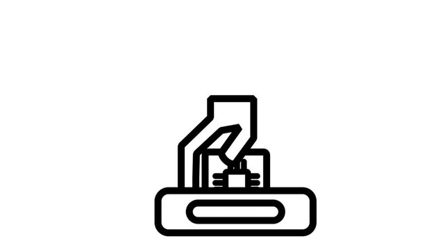 Industrial Robot Manufacturing Icon. Animated icon of an automated robotic arm assembling a microchip component on a factory conveyor manufacturing line.