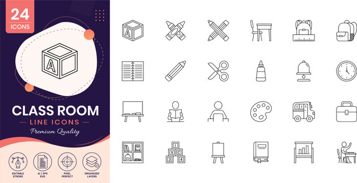 Classroom icons set with line style
