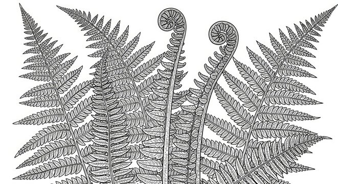 Detailed fern fronds with emerging fiddleheads botanical art.