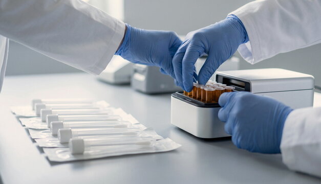 Clean clinical lab bench with a technician's gloved hands aligning anonymized saliva swab kits, amber microtubes, and a compact desktop analyzer, suggesting a longevity diagnostics platform