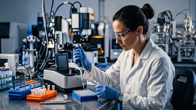 High-end laboratory photograph of a scientist in gloves examining DNA extraction tubes beside a microplate and a compact spectrometer, with colored sample racks, blurred sequencing equipment, and
