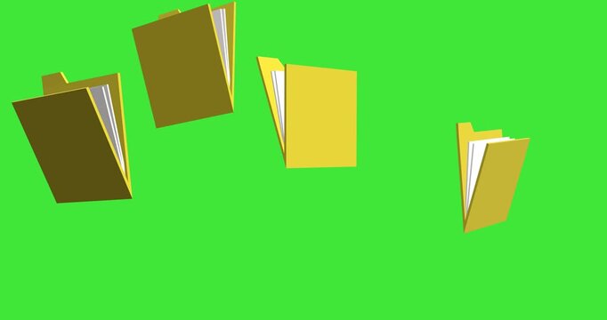Yellow digital file folders float upwards against a professional green screen background providing a clean element for data organization and information technology concepts.