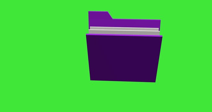 A purple 3D digital folder icon containing white document pages rotates and moves across a bright green screen background for easy chroma keying.