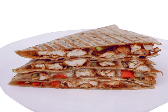 Close Up of Grilled Chicken Quesadilla Slice with Melted Cheese and Bell Peppers Isolated on Transparent Background