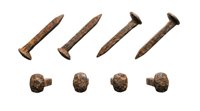 Set of old rusty metal iron nails isolated on transparent background