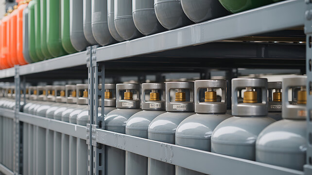 Gas cylinders on metal shelving, industrial storage propane tanks gas bottles