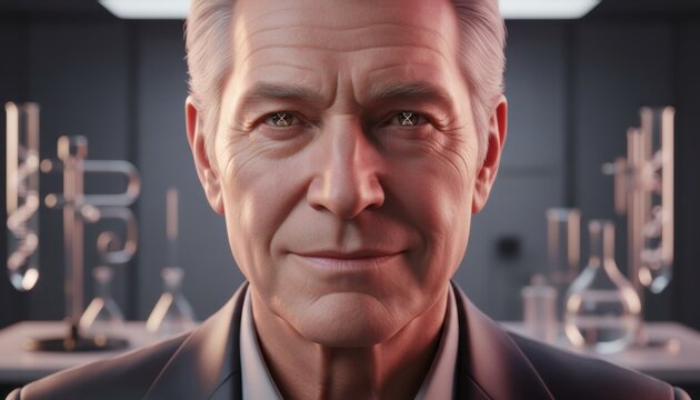 Close up portrait of a mature male scientist with dna double helix reflections in his eyes standing in a modern laboratory room