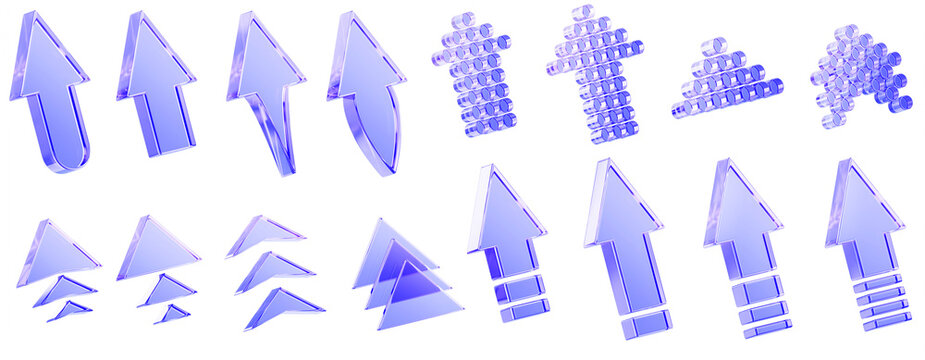 3d glass hologram arrow signs set isolated on light blue render background. Gradient crystal direction indicators with speed lines, dots, triangles. Navigation symbols, cursor buttons