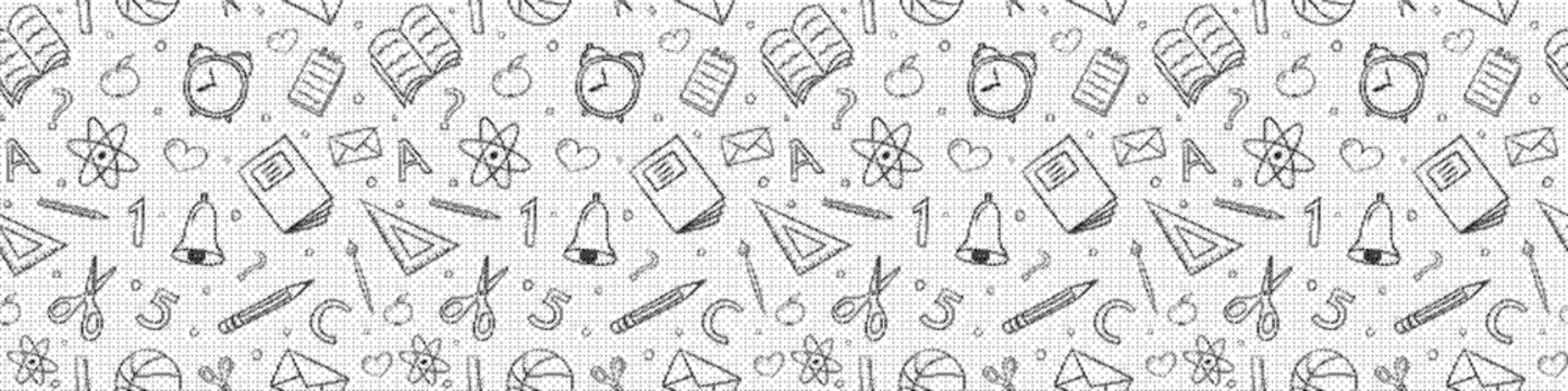 Back to school seamless pattern with hand drawn education icons and supplies