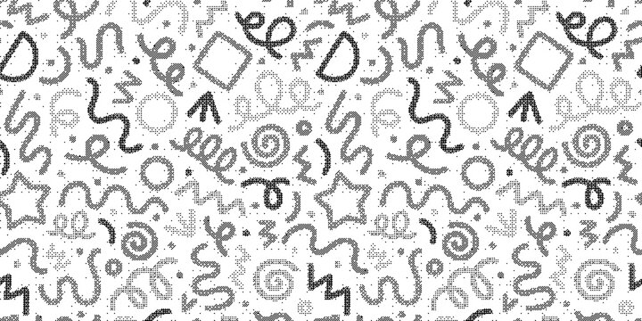 Seamless pattern with handdrawn party confetti, streamers, and festive shapes, doodle style background for celebration and holiday design