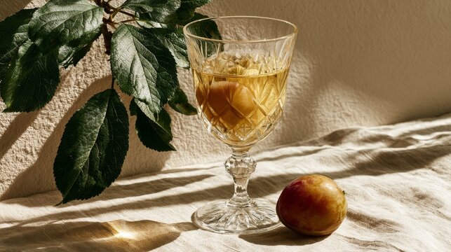 Crystal glass filled with clear plum schnapps and whole fruits, natural light.
