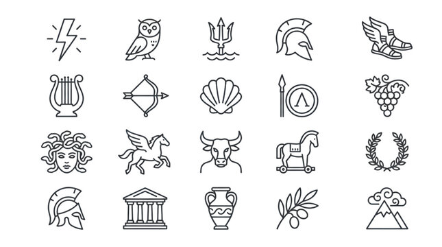 Greek Mythology Line Icon Set with Gods Heroes Olympus Temple Trident Lightning Bolt and Ancient Culture Outline Symbols
