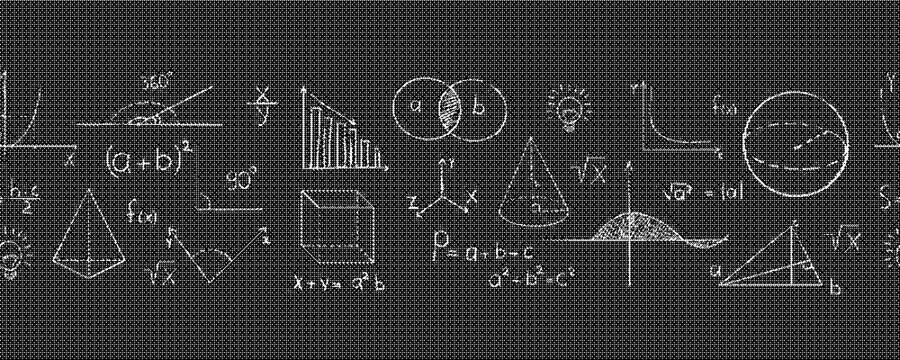 Seamless pattern with hand drawn mathematical formulas, geometry shapes and physics equations on chalkboard background