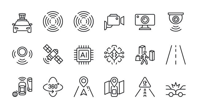 Self Driving Car Sensors Line Icon Set with LiDAR Radar Cameras ADAS Autonomous Vehicle and Navigation Outline Symbols