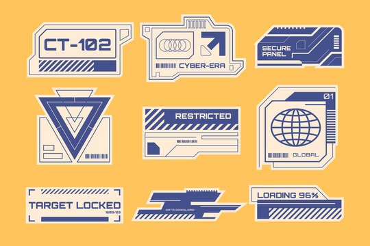 Sci-Fi HUD and Tech Interface Badge Collection. Blue Futuristic UI Vector Emblems with Target Locked, Cyber Era, Secure Panel, and Loading Status Graphics.