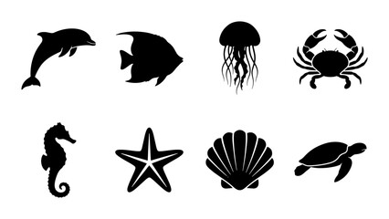 Oceanic Wildlife Silhouettes: Dolphin, Fish, Jellyfish, Crab, Seahorse, Starfish, Shell, Turtle Icons © Tanver