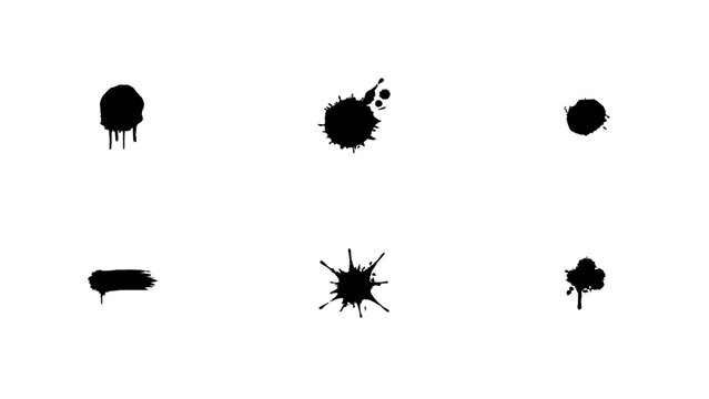 Six Black Ink Splatter Shapes Arranged in a 2x3 Grid on a White Background Featuring Artistic Design, Creative Illustration, Modern Art with Graphic