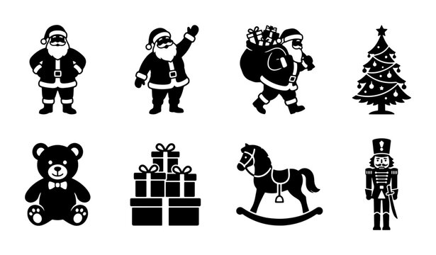 Christmas Icons Vector Set: Santa Claus, Tree, Teddy Bear, Gifts, Horse, Nutcracker